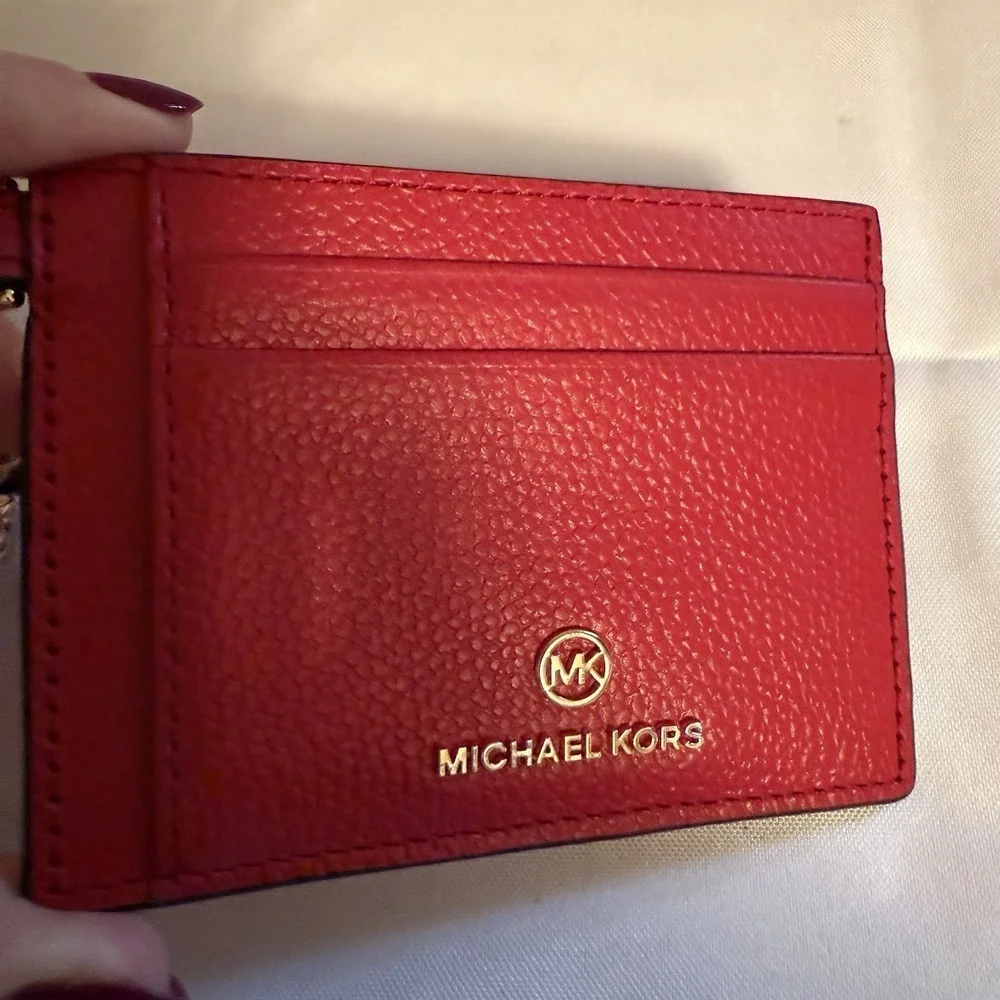 Michael Kors Crimson Red Jet Set Charm Small Leather ID Chain Card Holder $128